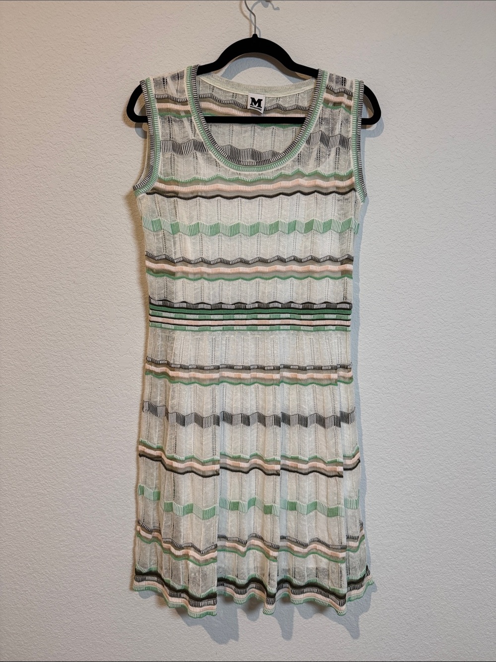 Missoni White Green Multi Color Chevron Striped Knit Dress Size 44/Large